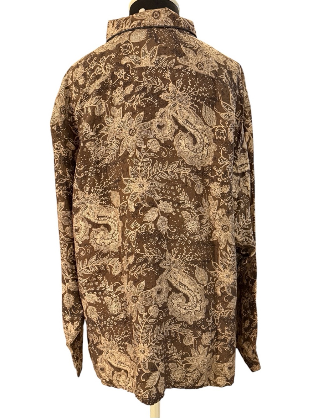 Vintage Anna & Frank Silk Paisley Floral Blouse XL Brown Tan Contrast Piping - Picture 3 of 15